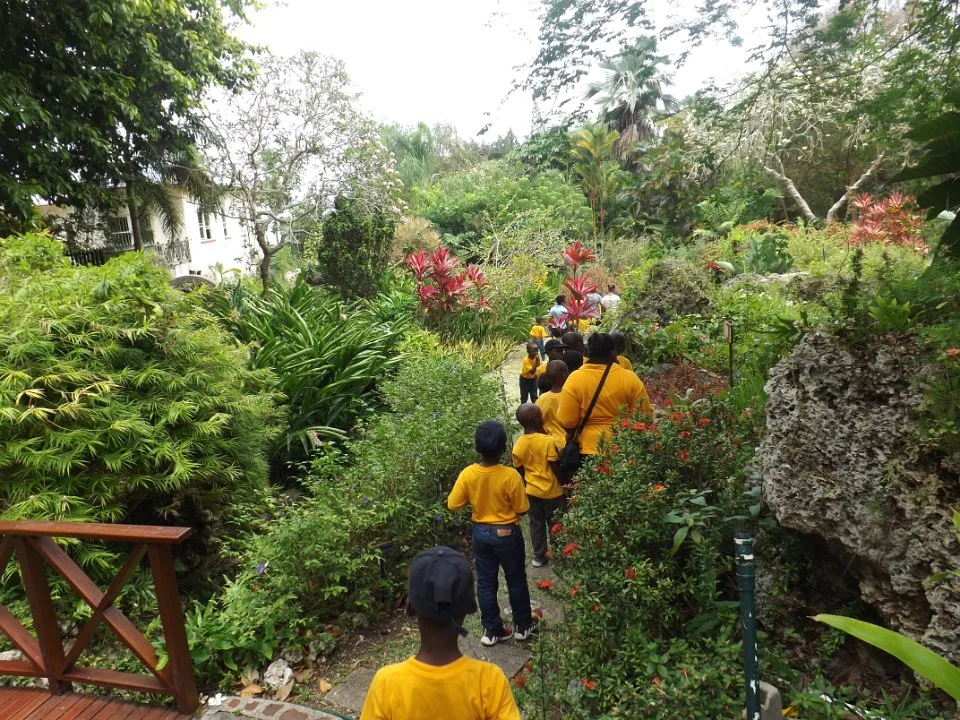 Children exploring a garden during an outdoor outing.